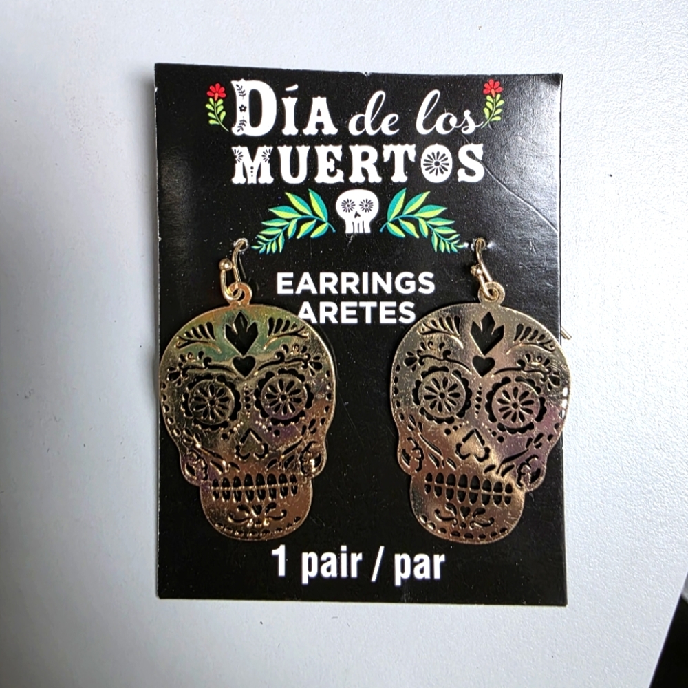 Dia de los Muertos Gold Sugar Skull Dangle Earrings